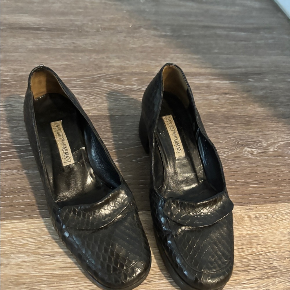 Emporio Armani Black Textured Leather Loafers - Women